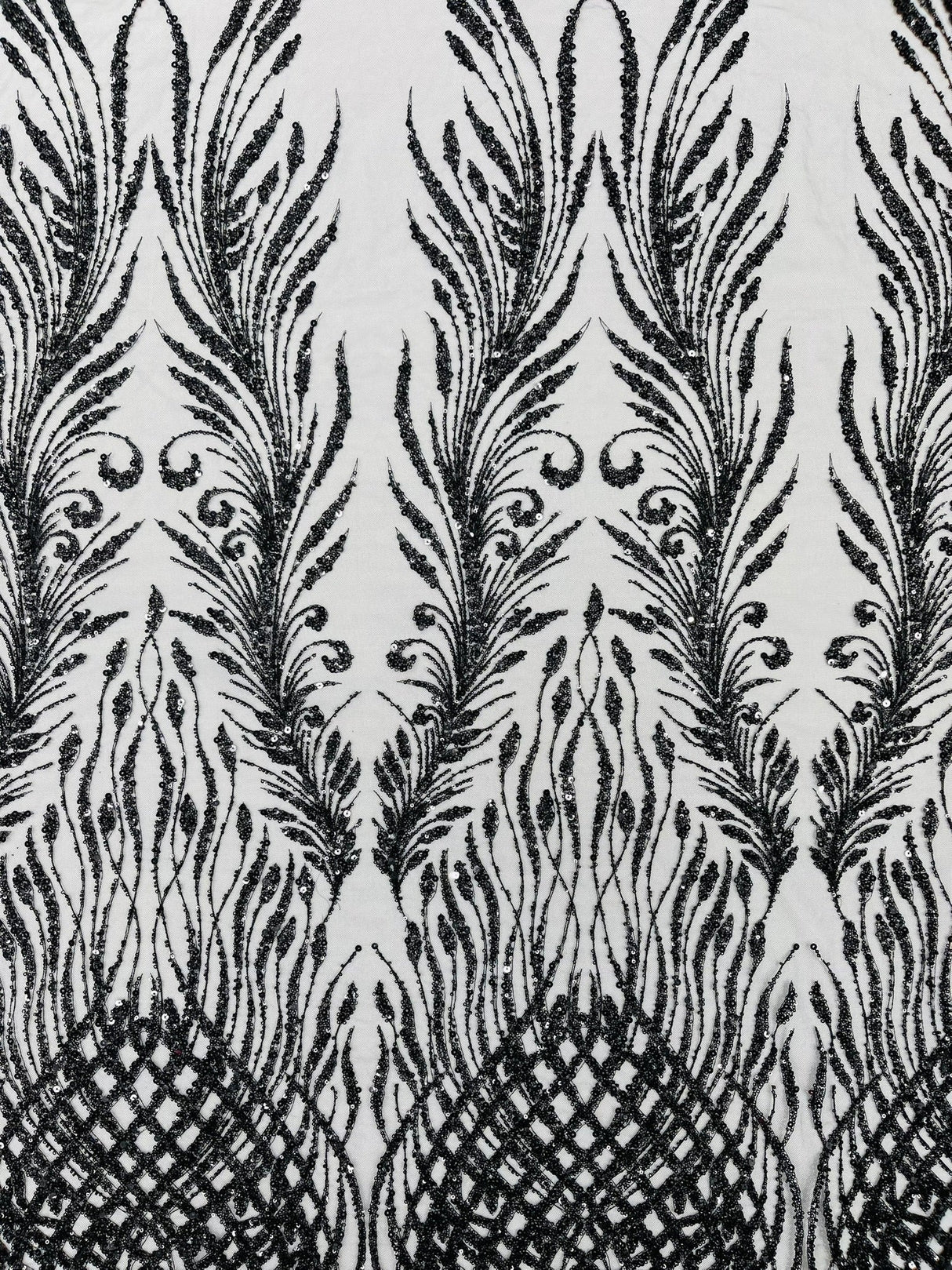 Wing Feather Damask Beaded Lace Fabric - Feather Damask, Beaded Mesh Lace, 50-54" Width (1 Yard)