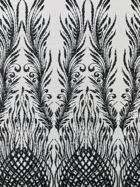 Wing Feather Damask Beaded Lace Fabric - Feather Damask, Beaded Mesh Lace, 50-54" Width (1 Yard)
