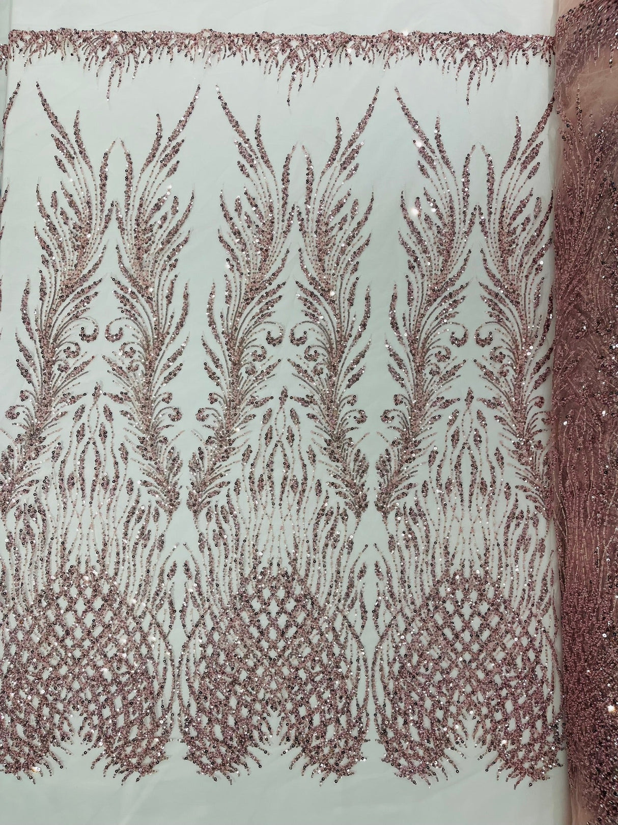 Wing Feather Damask Beaded Lace Fabric - Feather Damask, Beaded Mesh Lace, 50-54" Width (1 Yard)