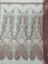 Wing Feather Damask Beaded Lace Fabric - Feather Damask, Beaded Mesh Lace, 50-54" Width (1 Yard)