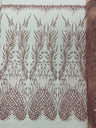 Wing Feather Damask Beaded Lace Fabric - Feather Damask, Beaded Mesh Lace, 50-54" Width (1 Yard)