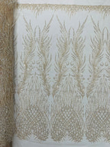Wing Feather Damask Beaded Lace Fabric - Feather Damask, Beaded Mesh Lace, 50-54" Width (1 Yard)