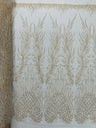Wing Feather Damask Beaded Lace Fabric - Feather Damask, Beaded Mesh Lace, 50-54" Width (1 Yard)