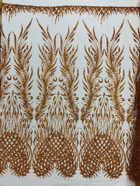 Wing Feather Damask Beaded Lace Fabric - Feather Damask, Beaded Mesh Lace, 50-54" Width (1 Yard)