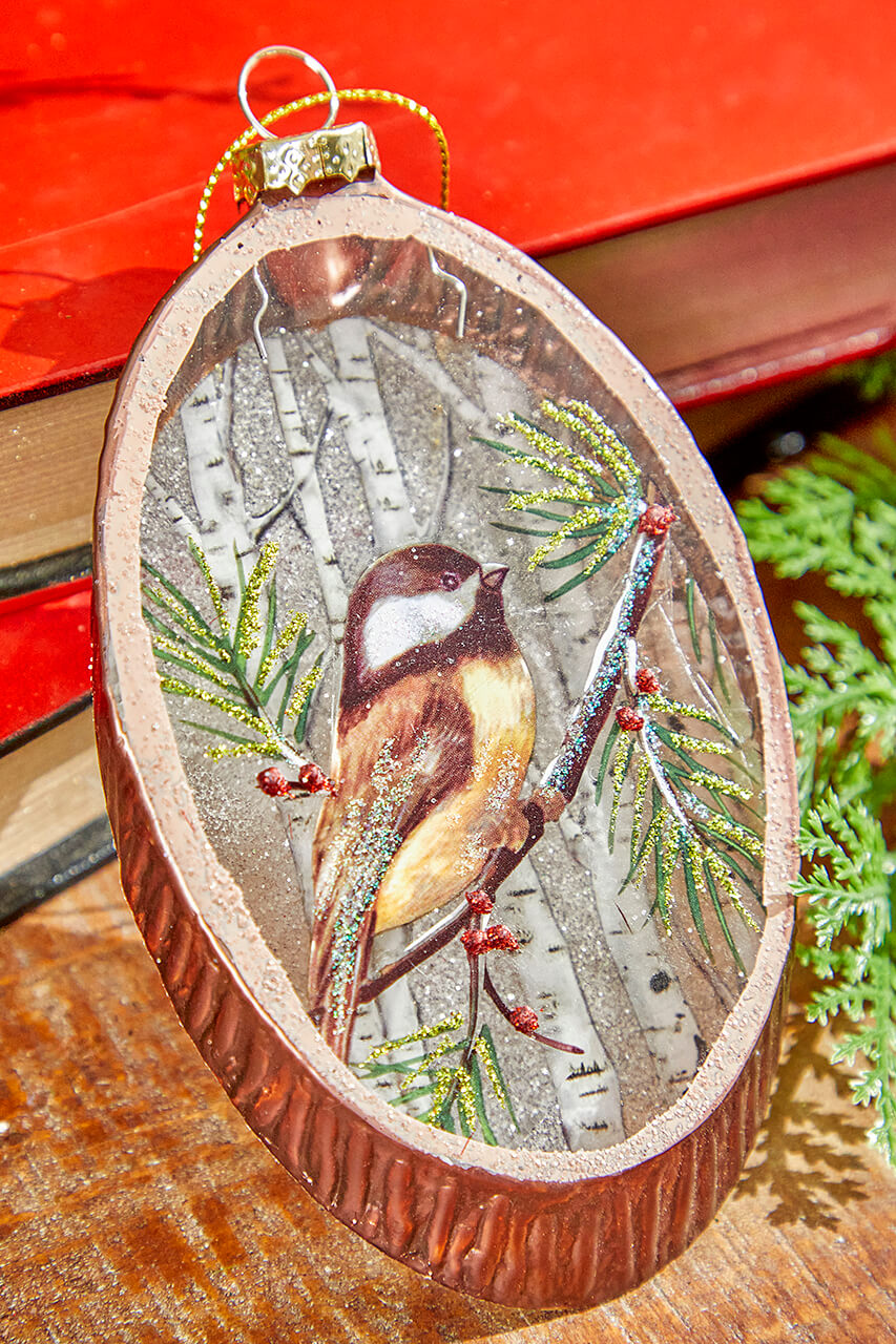 5.5” Woodland Bird Glass Disc Ornament