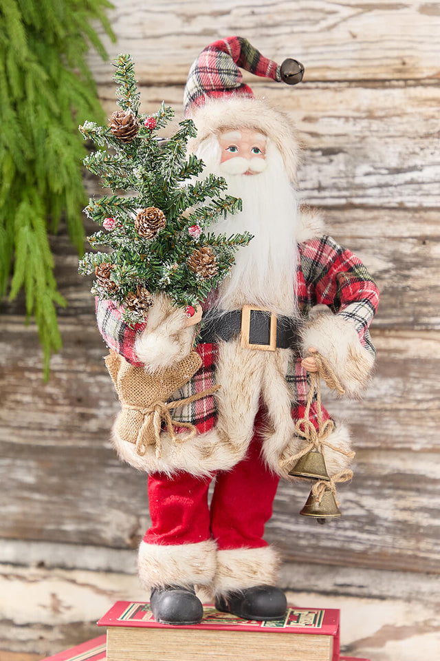 18” Plaid Santa with Tree & Bells Figure