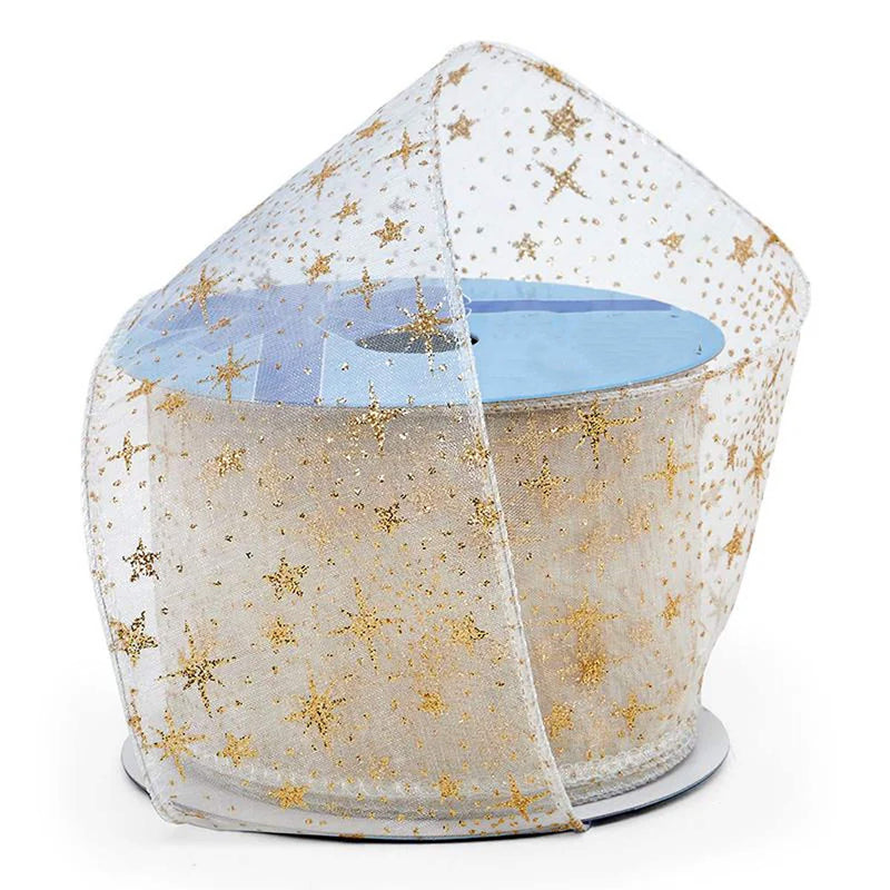 Glitter Stars On Wired Ribbon 2 1/2 '' X 10 yd 1 / ROLL Gold / White (Sheer)