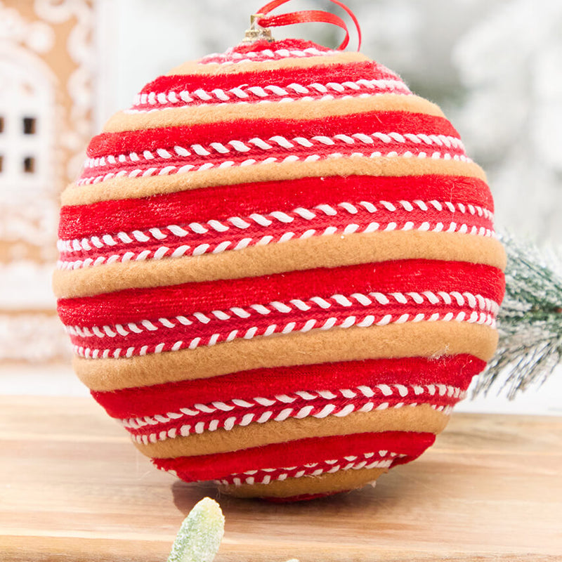 6" Red, White & Brown Gingerbread Stripe Ball