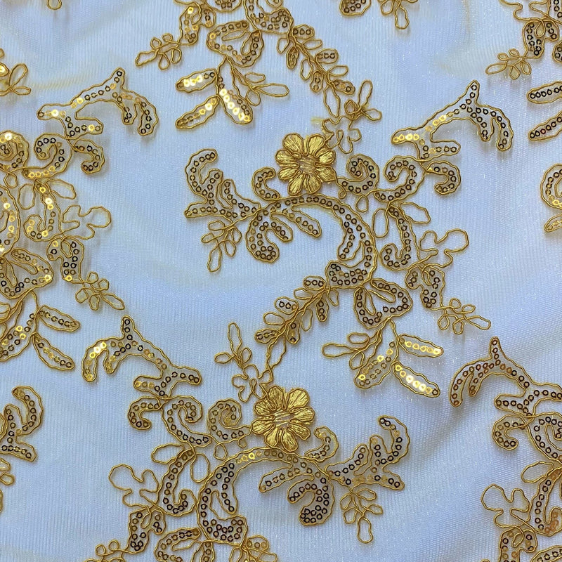 Elena's Lace Polyester Fabric - Golden Yellow Corded Mesh Embroidered With Sequins, Double Scalloped Edge, 54" Width (1 Yard)