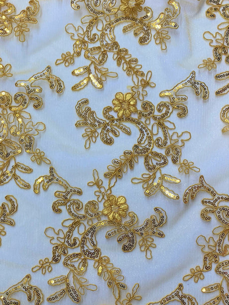 Elena's Lace Polyester Fabric - Golden Yellow Corded Mesh Embroidered With Sequins, Double Scalloped Edge, 54" Width (1 Yard)