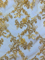 Elena's Lace Polyester Fabric - Golden Yellow Corded Mesh Embroidered With Sequins, Double Scalloped Edge, 54" Width (1 Yard)