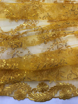Elena's Lace Polyester Fabric - Golden Yellow Corded Mesh Embroidered With Sequins, Double Scalloped Edge, 54" Width (1 Yard)