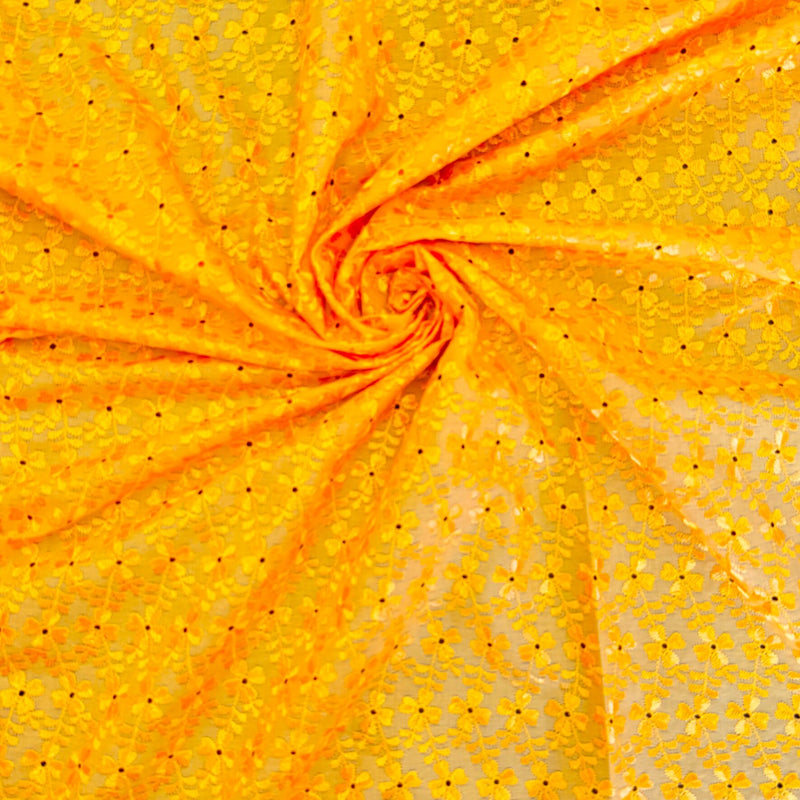 Heavy Eyelet Polyester Cotton Fabric - Yellow Floral Embroidery, 41"-42" Width