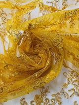 Elena's Lace Polyester Fabric - Golden Yellow Corded Mesh Embroidered With Sequins, Double Scalloped Edge, 54" Width (1 Yard)