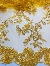 Elena's Lace Polyester Fabric - Golden Yellow Corded Mesh Embroidered With Sequins, Double Scalloped Edge, 54" Width (1 Yard)