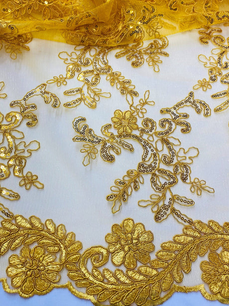 Elena's Lace Polyester Fabric - Golden Yellow Corded Mesh Embroidered With Sequins, Double Scalloped Edge, 54" Width (1 Yard)