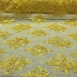 Yellow Sequin Lace Fabric With Embroideries On Mesh - Yellow Embroidery Mesh, 54" Width