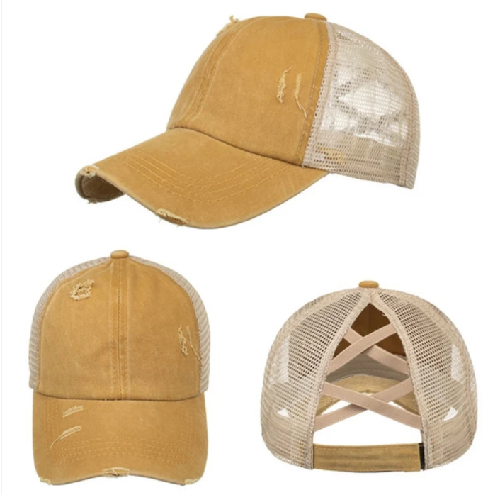 Criss-Cross Cap Fabric - Yellow/ Khaki, Criss-Cross Ponytail Slot (1 Cap)