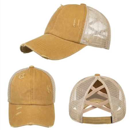 Criss-Cross Cap Fabric - Yellow/ Khaki, Criss-Cross Ponytail Slot (1 Cap)