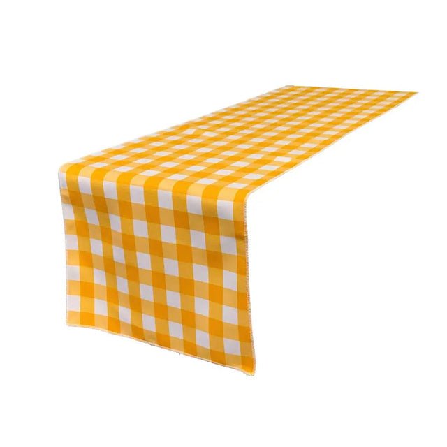 (4 / Pack ) 14 in. x 100 in. White and Dark Yellow Polyester Gingham Checkered Table Runner