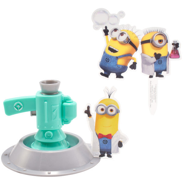 Minions Fart Bubble Blaster Cake Topper, 4 Piece Decoration Set With Working Bubble Wand, Stand, & Kevin, Bob, & Stuart Cake Kit