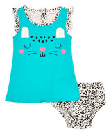 Cute Kitty Baby Dress Cotton Fabric - Mint, Red, Kitty Print, 6M/9M To 24M (1 Piece)