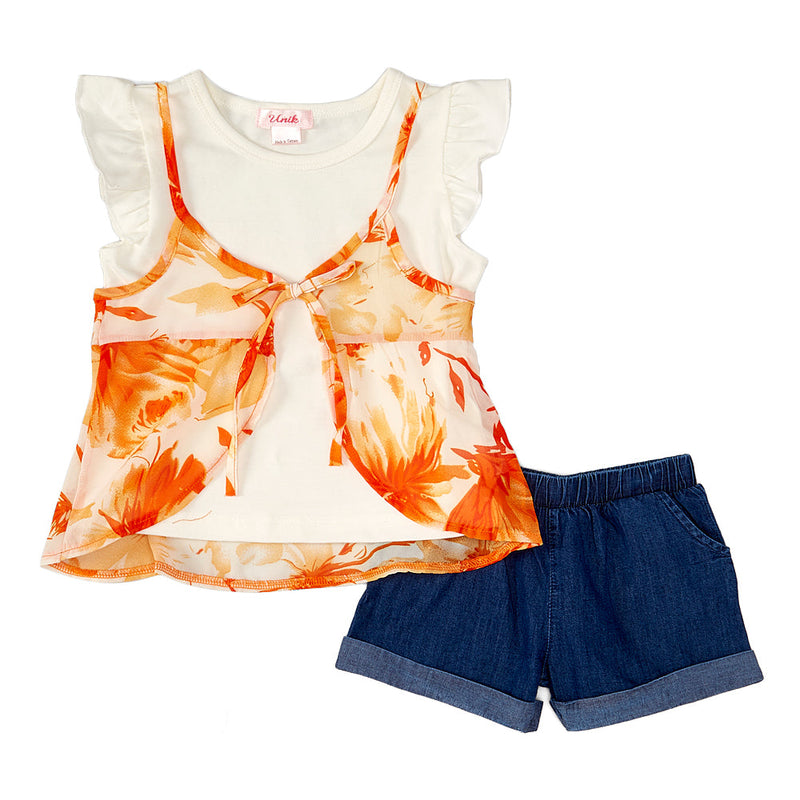 Girl Floral Chiffon Short Set - Floral Chiffon Fabric, Orange/Mint, Girls Sizes 2-7 (1 Set)
