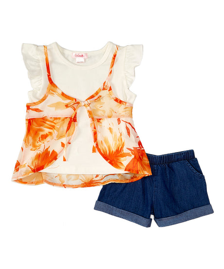 Girl Floral Chiffon Short Set - Floral Chiffon Fabric, Orange/Mint, Girls Sizes 2-7 (1 Set)