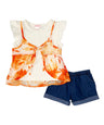 Girl Floral Chiffon Short Set - Floral Chiffon Fabric, Orange/Mint, Girls Sizes 2-7 (1 Set)
