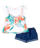 Girl Floral Chiffon Short Set - Floral Chiffon Fabric, Orange/Mint, Girls Sizes 2-7 (1 Set)