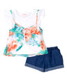 Girl Floral Chiffon Short Set - Floral Chiffon Fabric, Orange/Mint, Girls Sizes 2-7 (1 Set)