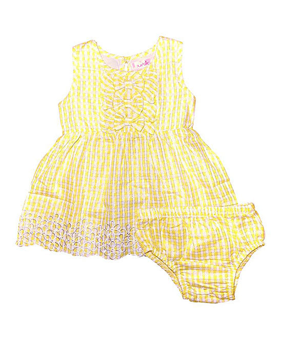 Baby Flower Embroidery Dress - 100 Percent Cotton Fabric, Embroidery, Yellow/Red, Sleeveless Dress & Bloomers, 6M/9M-24M (1 Set)