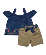 Girl Denim Embroidered Short Sets Cotton Fabric - Light Denim, Dark Denim, Embroidered, Elastic Waistband, 2-8 (1 Set)